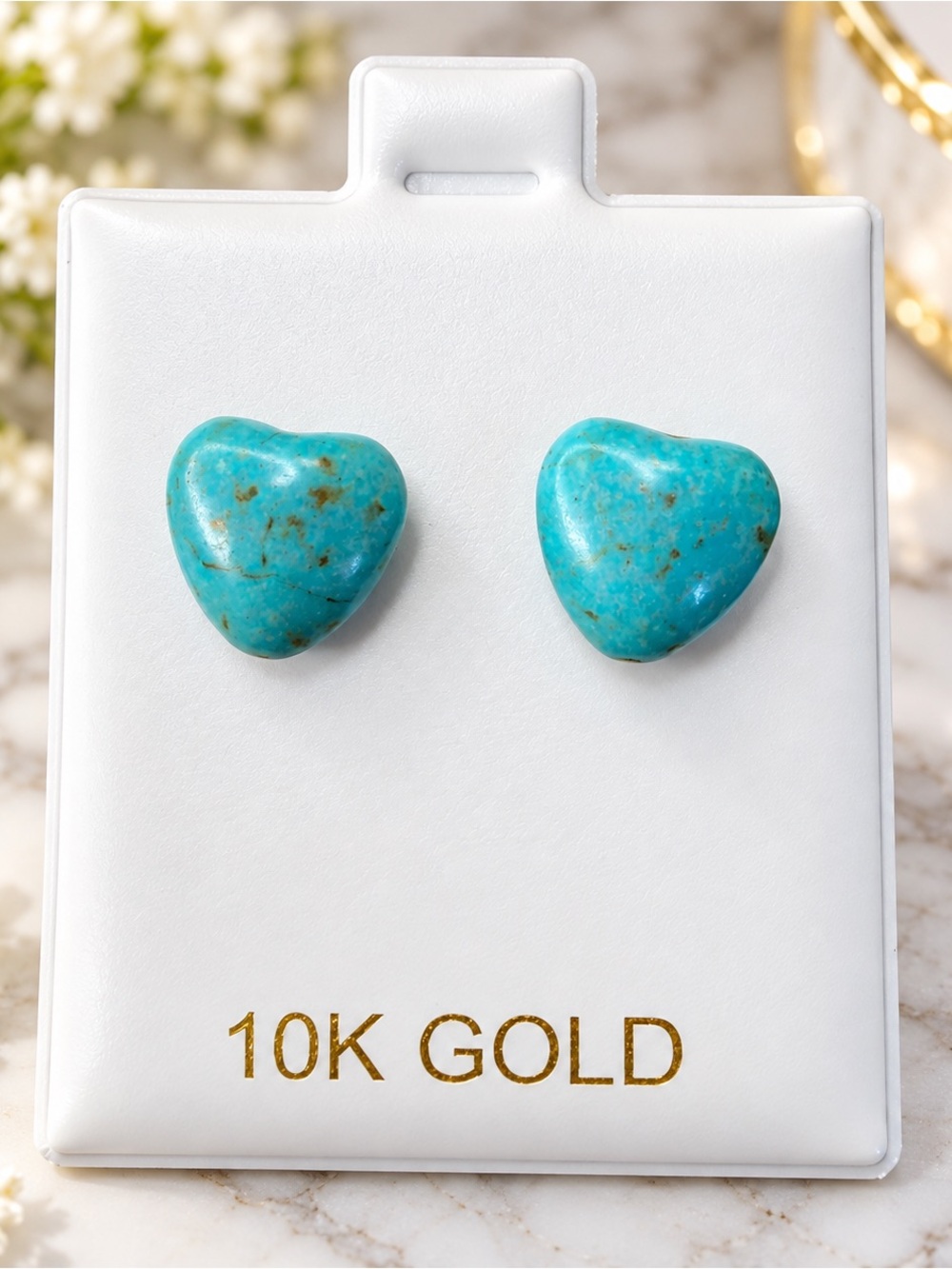 10K Solid Gold Turquoise Blue Heart Stud Earrings New Fine Jewelry Gift
